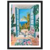 Hermosa pintura de una terraza con vista al mar, rodeada de plantas tropicales y un perro sentado frente a la puerta abierta.