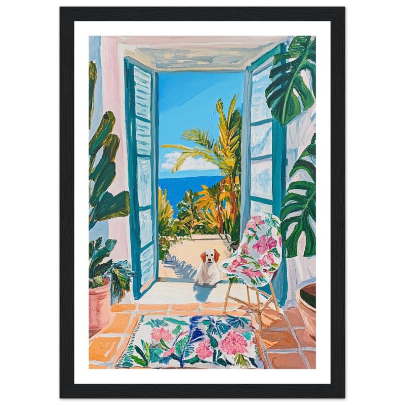 Hermosa pintura de una terraza con vista al mar, rodeada de plantas tropicales y un perro sentado frente a la puerta abierta.