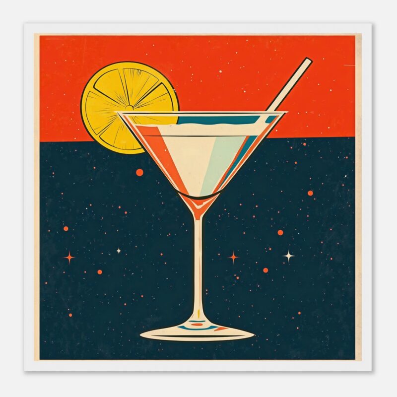 Cóctel cósmico estilo retro con limón y pajilla en fondo galáctico.