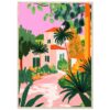 Casa colorida en estilo tropical con palmeras y vegetación exuberante, arte digital para decoración moderna.