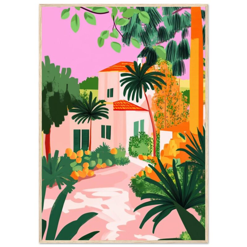 Casa colorida en estilo tropical con palmeras y vegetación exuberante, arte digital para decoración moderna.
