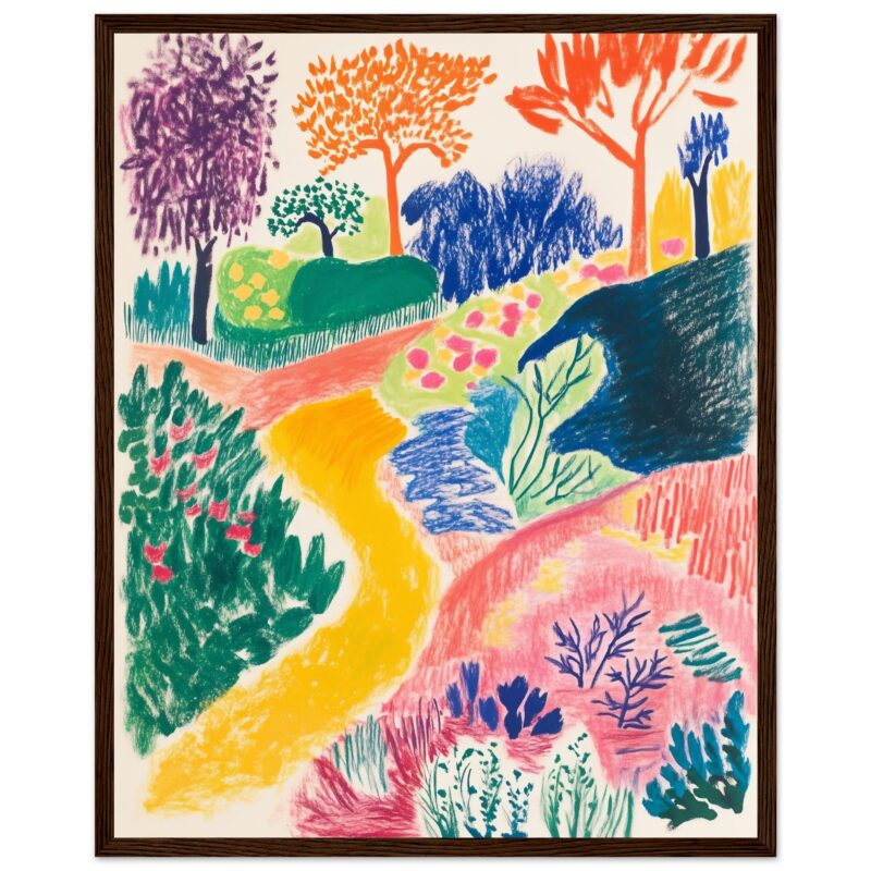 Arboles y caminos pintados en estilo infantil con colores vibrantes, arte colorido para decoración moderna.