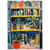 Libros y plantas en estantería con estilo artístico, pintura moderna y vibrante, obra de Digiart Studio.