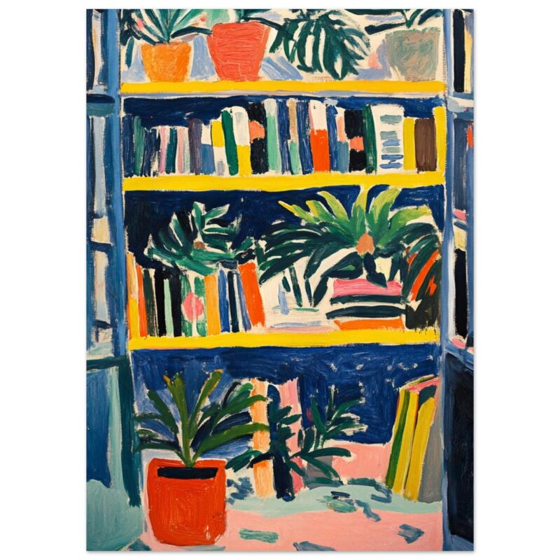 Libros y plantas en estantería con estilo artístico, pintura moderna y vibrante, obra de Digiart Studio.