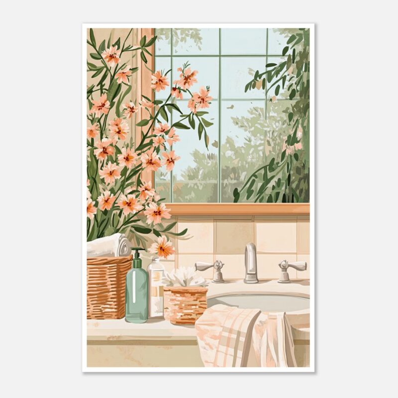 Jarrón con flores y accesorios de baño en estilo ilustración digital.