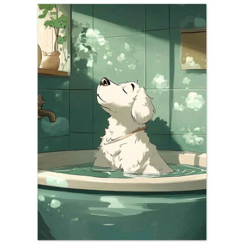 b640e20b-1a82-4651-bd49-ae65c7f6009d.jpg Perro en bañera, ilustración de mascota relajándose en el baño, estilo artístico digital, ambiente acogedor y tranquilo.