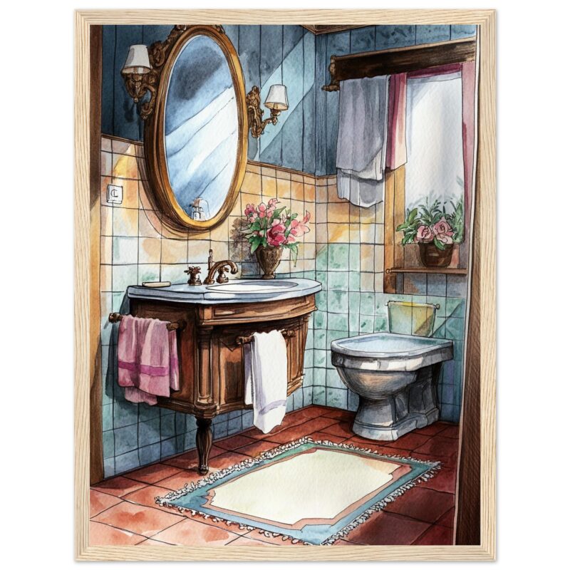 Diseño de baño vintage acuarela, decoración clásica y elegante, estilo artístico de Digiart Studio.