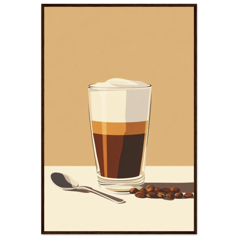 Café latte con crema en vaso, ilustración digital para branding de cafetería.