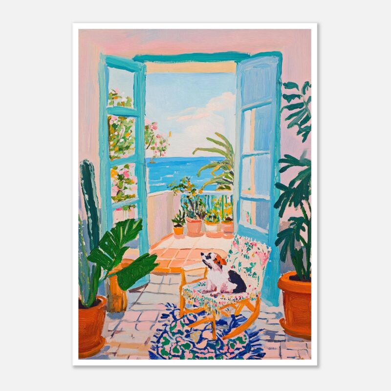 Ventana abierta con vista al mar, plantas y silla con perro, estilo pintura acrílica, decoración interior, inspiración mediterránea.