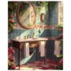 b79c7eb5-f2a6-4f41-8c0a-2ef035e94efd.jpg Espejo decorativo vintage en baño con azulejos azules, flores rosas y luz natural, estilo artístico digital.