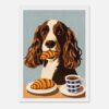 Perro con croissants y taza de café, arte digital, estilo ilustración moderna, con fondo azul claro.