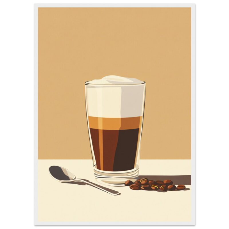 Refresco de café con leche en vaso alto, acompañado de cucharilla y granos de café.