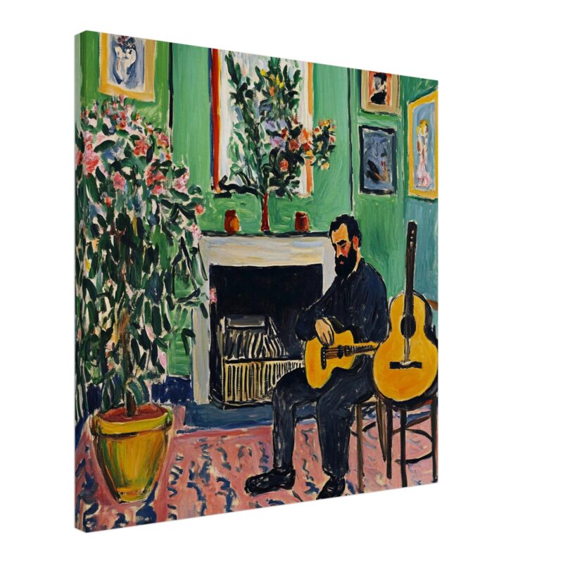 Variedad de pinturas en estilo impresionista, con un artista tocando guitarra en un salón decorado.