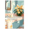 b82f9a05-132f-4079-8e08-2eeb7907a2c1.jpg Florero con flores amarillas en lavabo de baño con luz natural, reflejo y sombras en azulejos.