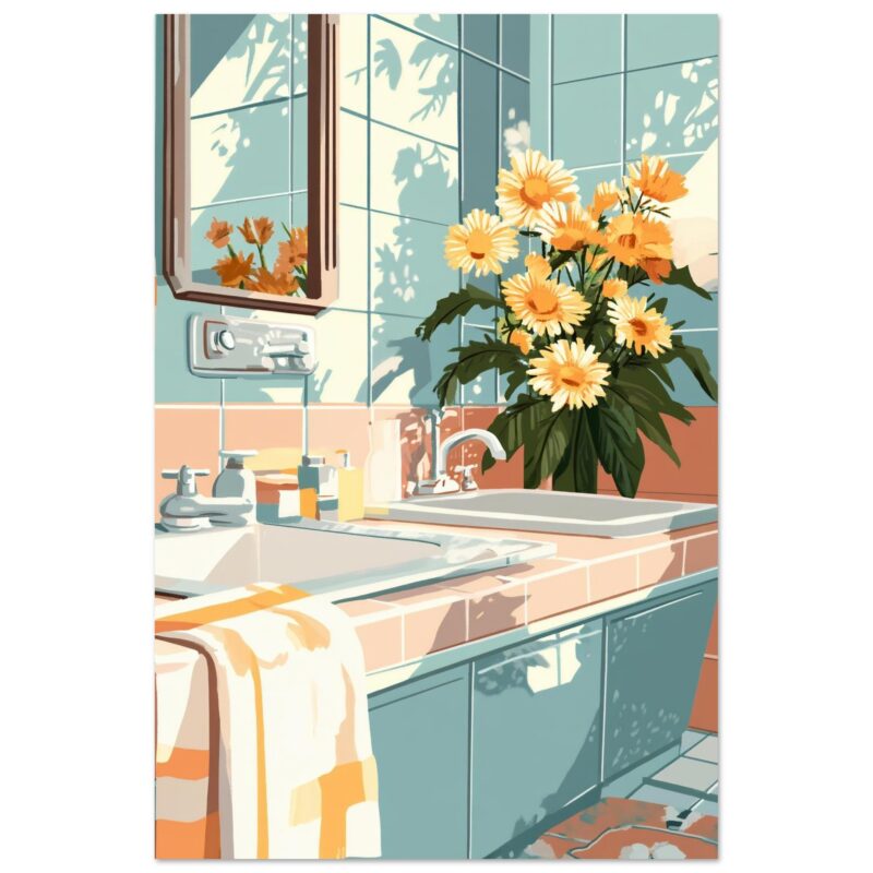 b82f9a05-132f-4079-8e08-2eeb7907a2c1.jpg Florero con flores amarillas en lavabo de baño con luz natural, reflejo y sombras en azulejos.