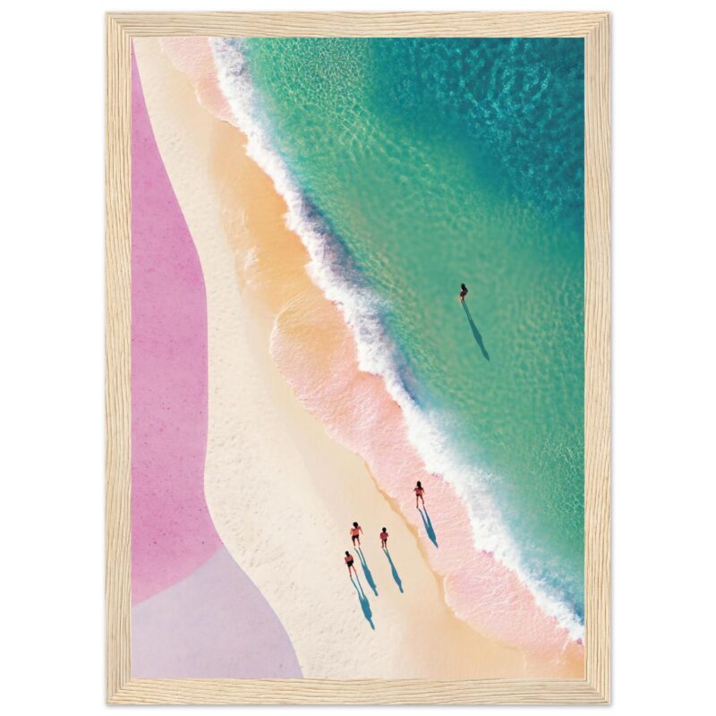 Fotografía de arte digital con playa, arena y agua turquesa, estilo moderno y colorido.