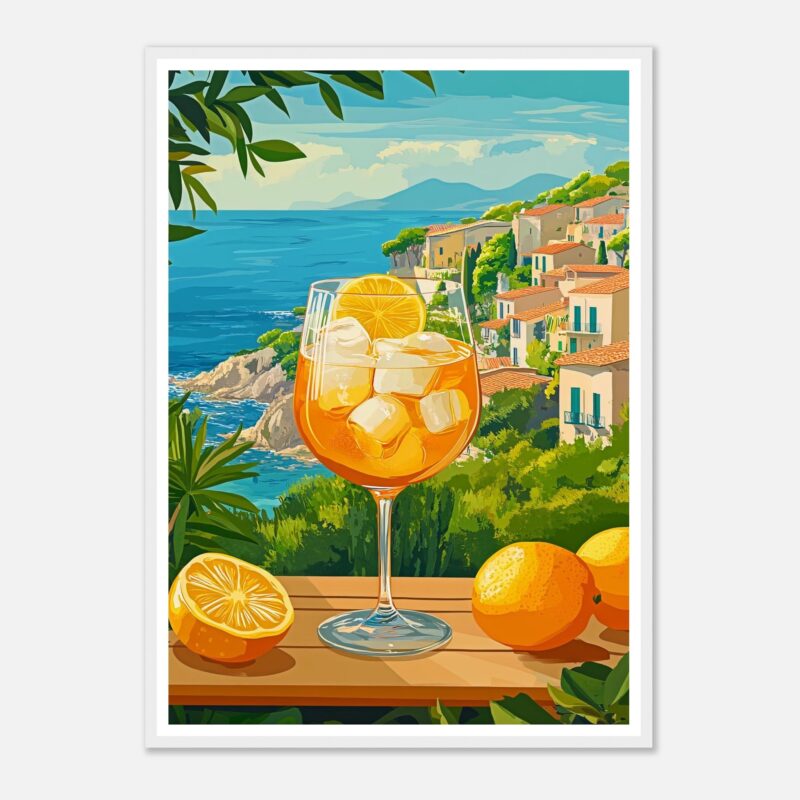 Vaso de Aperol con vista al mar y pueblo costero en fondos tropicales y soleados.