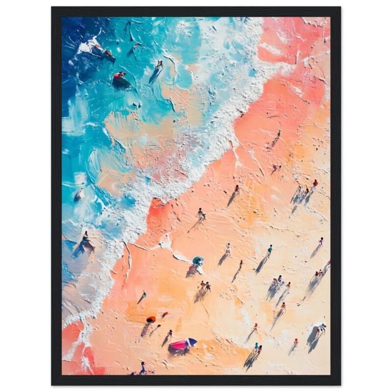 Pintura moderna de playa con personas y olas en estilo abstracto, arte digital de Digiart Studio.