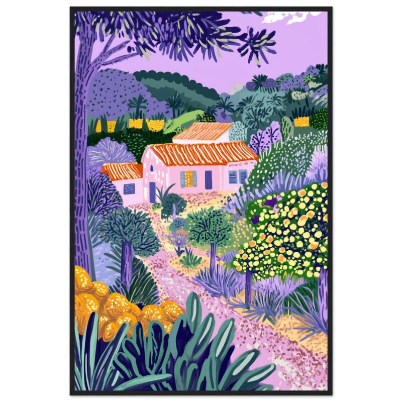 Paisaje rural pintado en estilo vibrante y colorido, con casas, vegetación y caminos en tonos lilas y verdes.