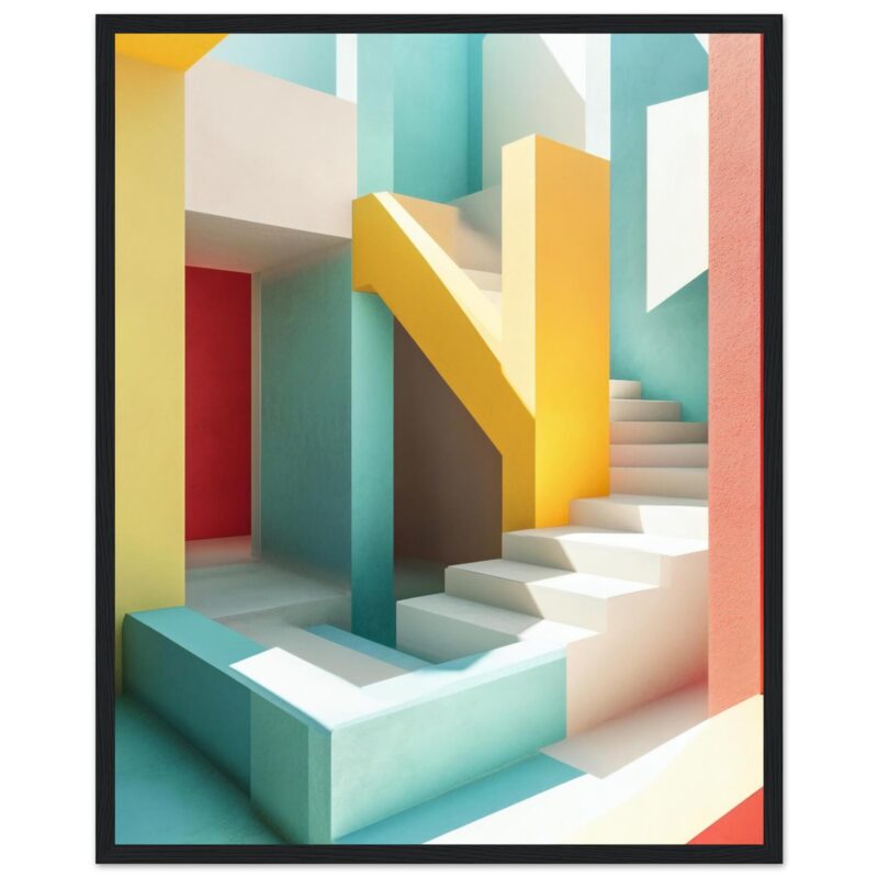 Puerta de acceso colorida en escaleras y paredes en estilo moderno y minimalista.