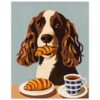 Oncido perro con croissant y taza de café dibujo digital.