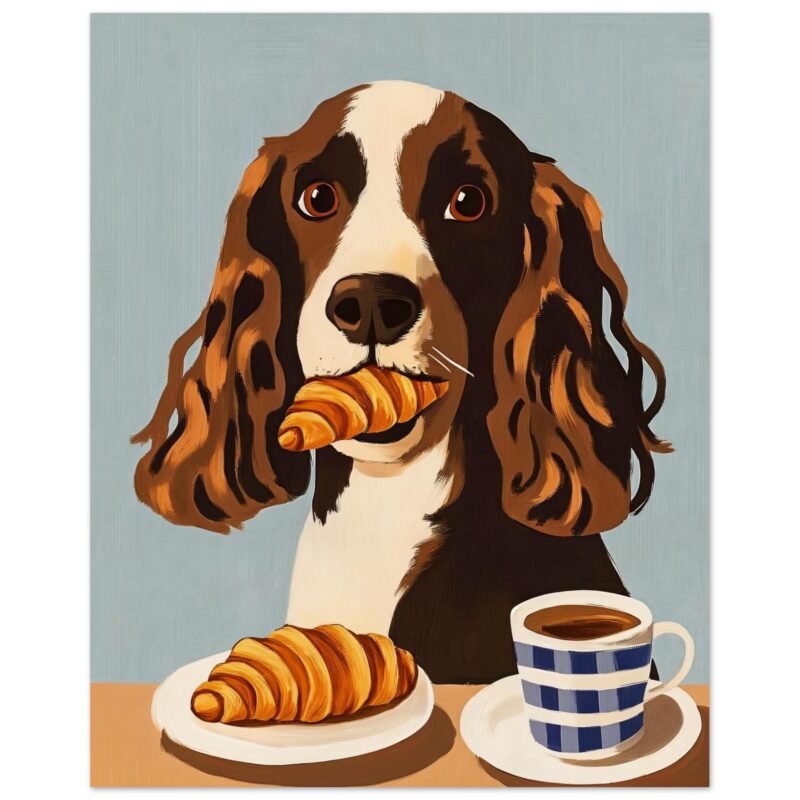 Oncido perro con croissant y taza de café dibujo digital.