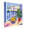 Colorido cuadro de estilo moderno con plantas y frutas en una ventana con balcón, enfoque en arte digital y decoración de interiores.