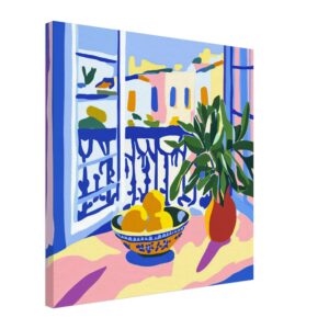Colorido cuadro de estilo moderno con plantas y frutas en una ventana con balcón, enfoque en arte digital y decoración de interiores.
