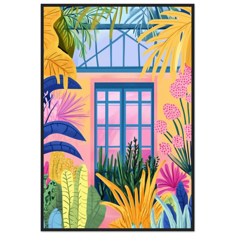 Puerta de cristal con plantas tropicales en un mural colorido.