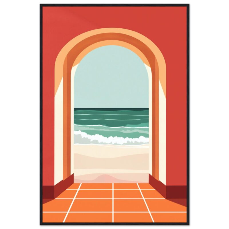 Puerta con vista al mar en estilo minimalista, diseño digital de Digiart Studio.