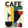 Taza de café en estilo geométrico con colores vivos y formas abstractas, inspirada en arte moderno y minimalismo.