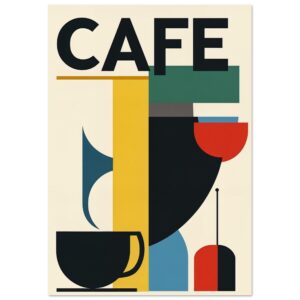 Taza de café en estilo geométrico con colores vivos y formas abstractas, inspirada en arte moderno y minimalismo.