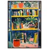 Colorido cuadro de estilo moderno con plantas y estanterías llenas de libros, ideal para decorar espacios con arte contemporáneo.