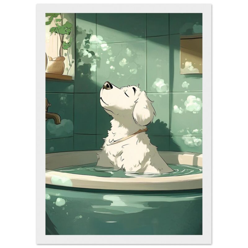 ba4e0ce0-36be-4e21-a4b9-7aba972b391e.jpg Relajante dibujo digital de un perro en la bañera disfrutando del momento. Estilo artístico que resalta la tranquilidad y belleza de mascotas.