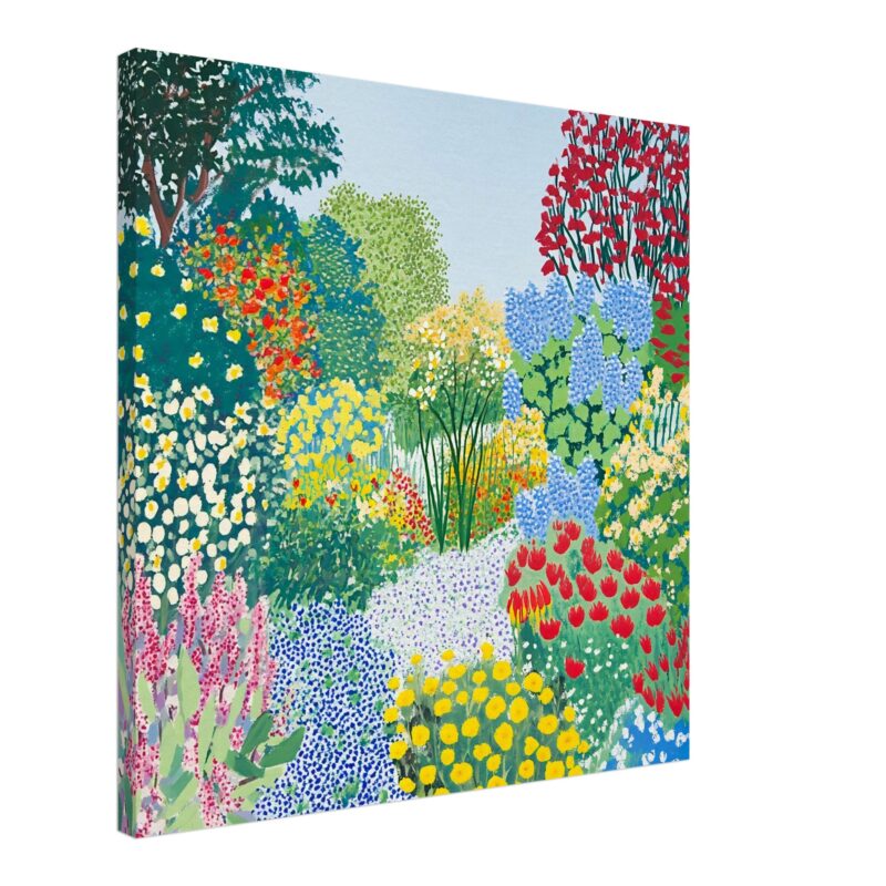 Jardín de flores coloridas pintado en estilo vibrante y moderno, ideal para decoración artística.