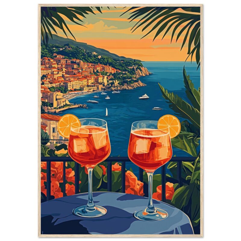Pinturas digitales de la costa italiana con vistas al mar y cócteles de verano.
