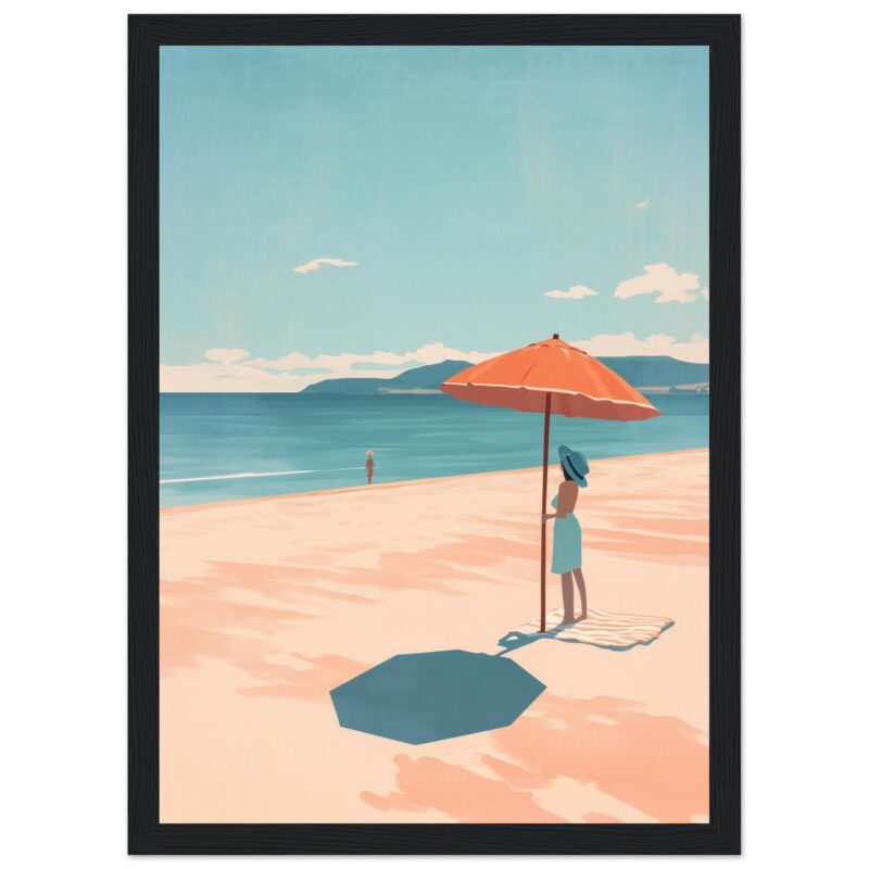 Sombrilla de playa con mujer en arena, vista del mar y paisaje costero.