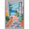 Perro mirando hacia la terraza con vista al mar y paisaje mediterráneo, en cuadro de estilo pintura vibrante y colorida.
