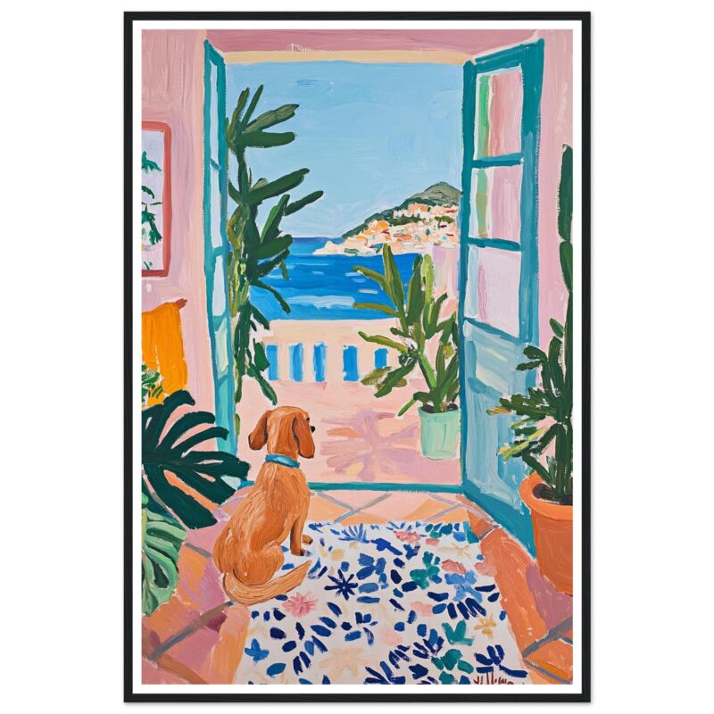 Perro mirando hacia la terraza con vista al mar y paisaje mediterráneo, en cuadro de estilo pintura vibrante y colorida.