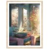 Lavabo vintage con espejos y flores en el baño, estilo rústico y romántico, decoración con tonos pastel, arte digital en Digiart Studio.