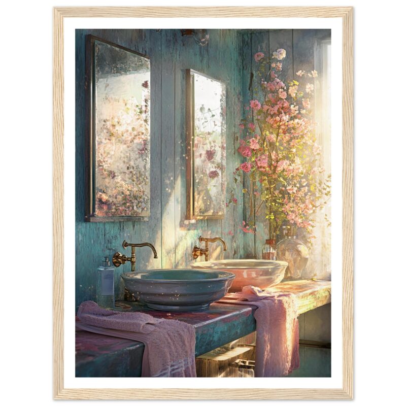 Lavabo vintage con espejos y flores en el baño, estilo rústico y romántico, decoración con tonos pastel, arte digital en Digiart Studio.