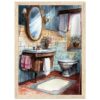 Espejo vintage en baño rústico con lavabo de madera y flores en jarrón, estilo clásico y decorativo.