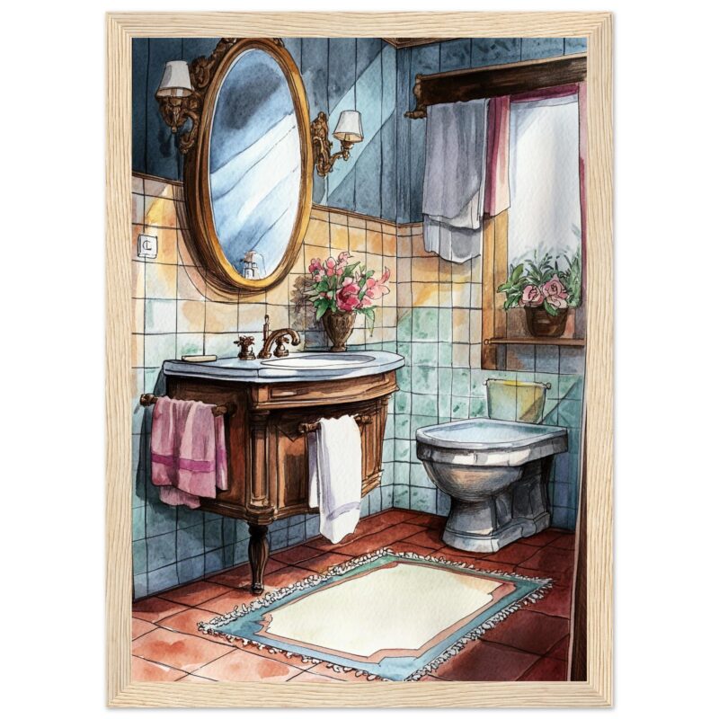 Espejo vintage en baño rústico con lavabo de madera y flores en jarrón, estilo clásico y decorativo.