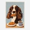 Perro galgo con croissant y café en estilo digital, arte moderno y divertido, ideal para decorar espacios acogedores.