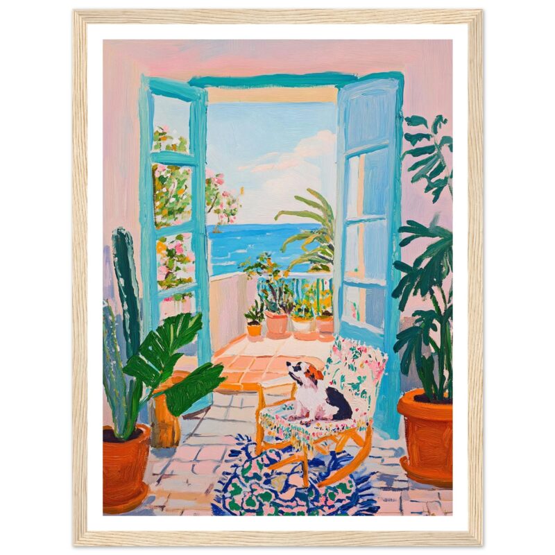 Ventana abierta al mar en un mural de arte moderno, estilo colorido y vibrante, decoración de interiores.