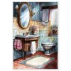 Baño con espejo ovalado, muebles de madera vintage y flores en jarrones, estilo clásico y acogedor.