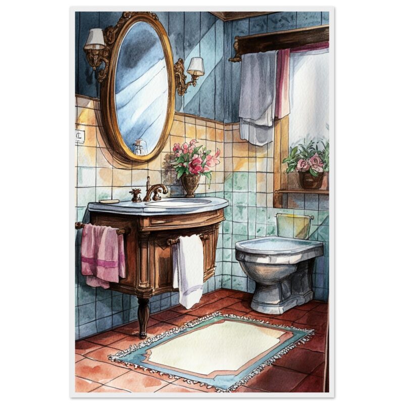 Baño con espejo ovalado, muebles de madera vintage y flores en jarrones, estilo clásico y acogedor.