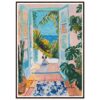 Puerta abierta con jardín y vista al mar, pintura artística moderna, estilo colorido y vibrante, obra de Digiart Studio.