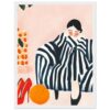 Zapatos rojos elegantes y mandarina en un cuadro de arte moderno en estilo ilustración.