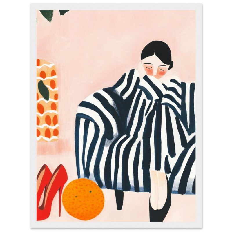 Zapatos rojos elegantes y mandarina en un cuadro de arte moderno en estilo ilustración.